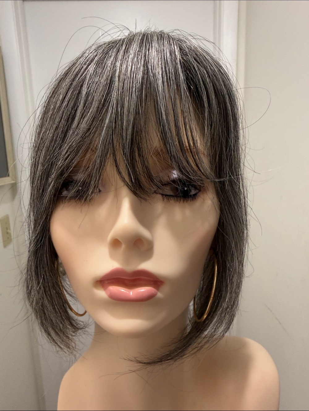 💯% 12” HUMAN Topper with Bangs, Medium/DarkGray/Silver - Picture 4 of 12
